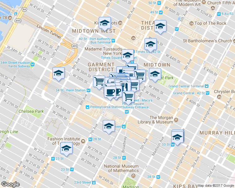 map of restaurants, bars, coffee shops, grocery stores, and more near 481-499 Fashion Avenue in New York