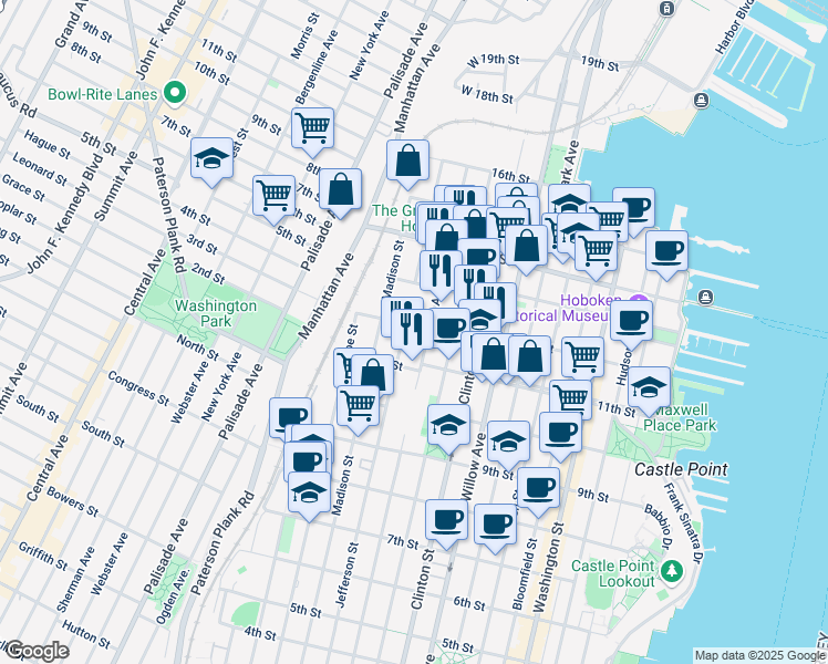 map of restaurants, bars, coffee shops, grocery stores, and more near 1125 Jefferson Street in Hoboken