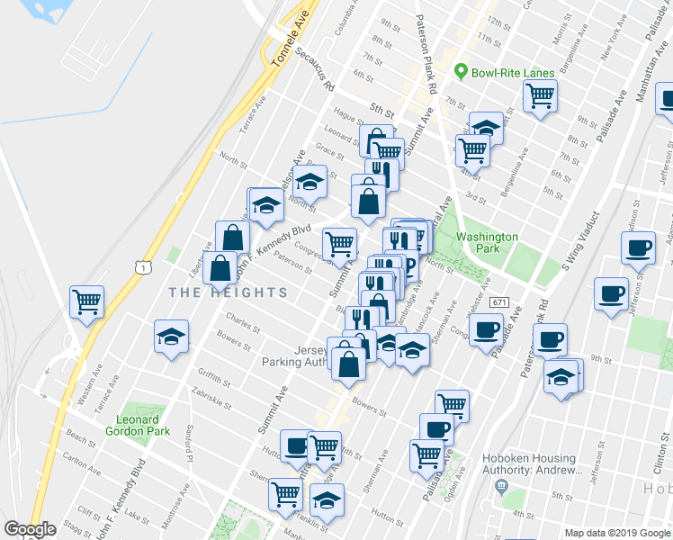 map of restaurants, bars, coffee shops, grocery stores, and more near 181 Congress Street in Jersey City