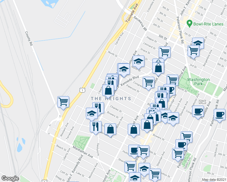 map of restaurants, bars, coffee shops, grocery stores, and more near 3523 John F. Kennedy Boulevard in Jersey City