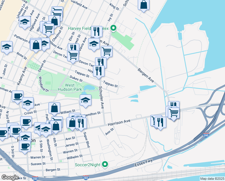 map of restaurants, bars, coffee shops, grocery stores, and more near 222 Tappan Street in Kearny