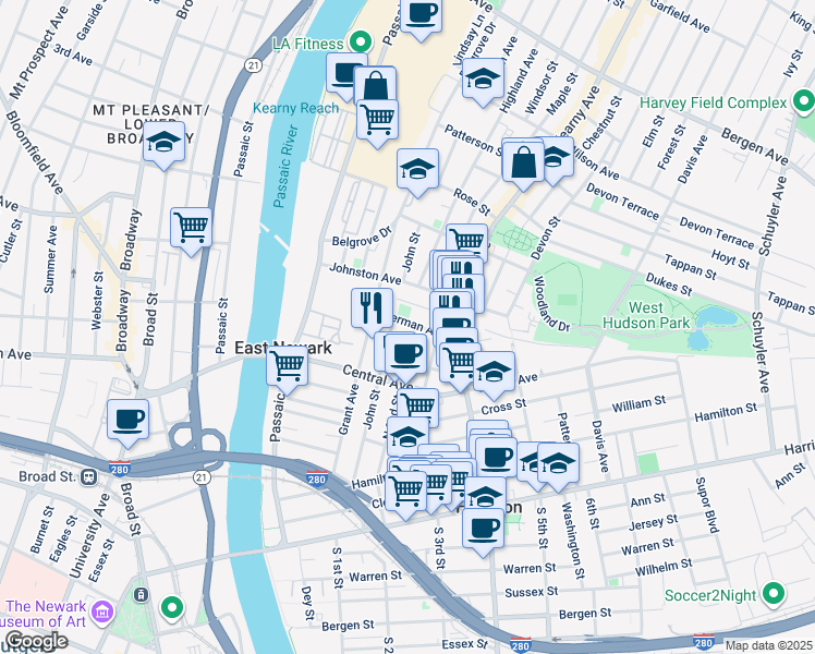 map of restaurants, bars, coffee shops, grocery stores, and more near 444 John Street in East Newark