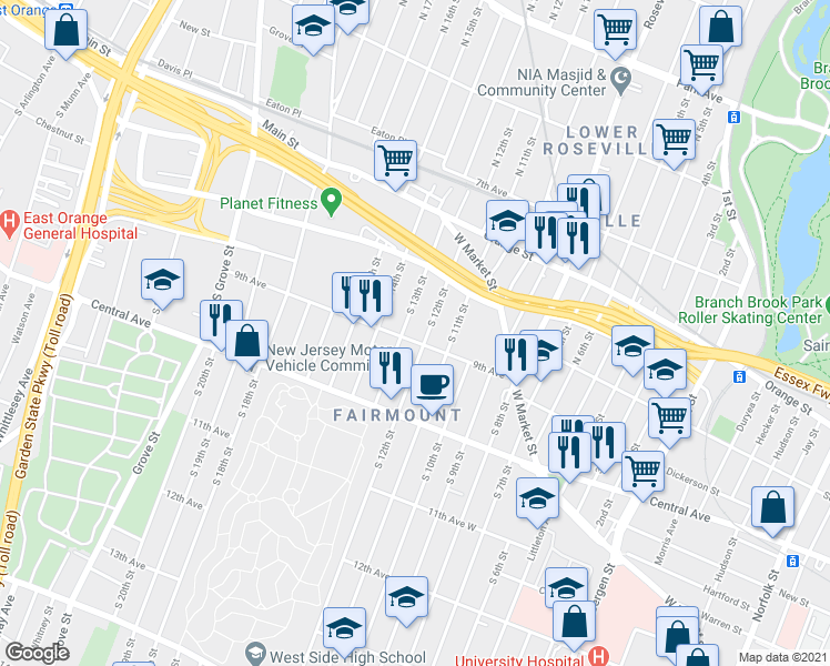 map of restaurants, bars, coffee shops, grocery stores, and more near 71 9th Avenue in Newark