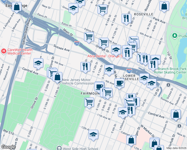 map of restaurants, bars, coffee shops, grocery stores, and more near 73-75 9th Avenue in Newark