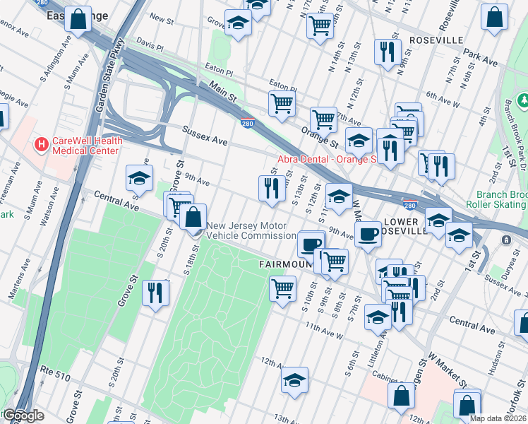 map of restaurants, bars, coffee shops, grocery stores, and more near in Newark