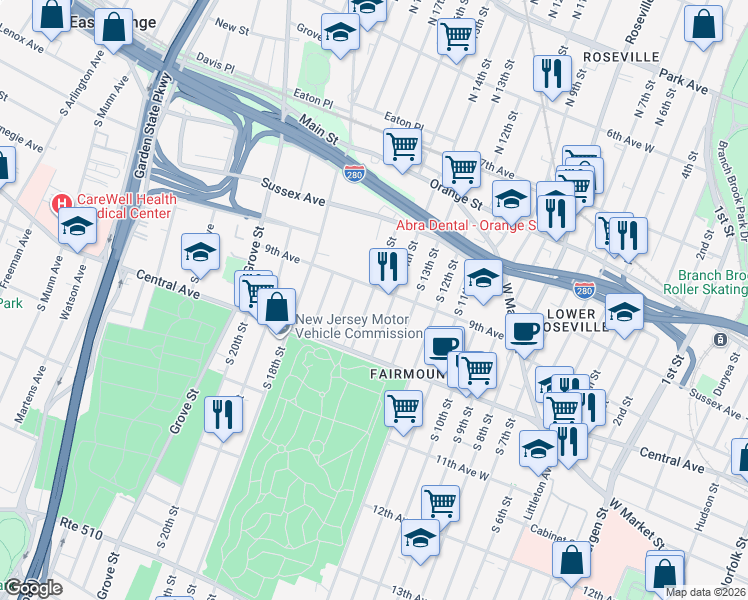 map of restaurants, bars, coffee shops, grocery stores, and more near 78 South 16th Street in East Orange