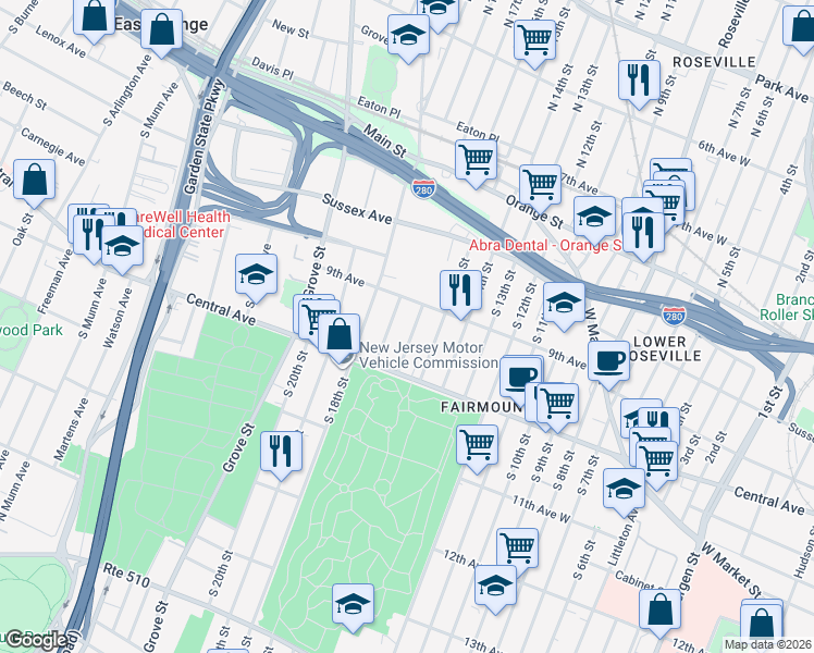 map of restaurants, bars, coffee shops, grocery stores, and more near 24 South 17th Street in East Orange