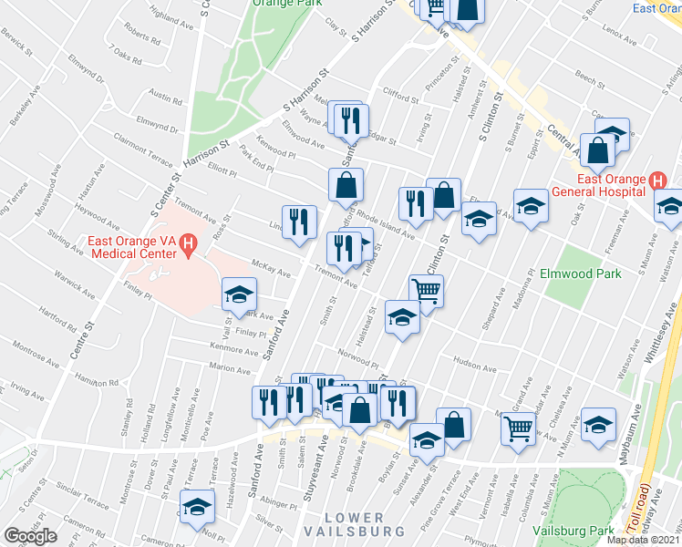 map of restaurants, bars, coffee shops, grocery stores, and more near 115 Telford Street in East Orange
