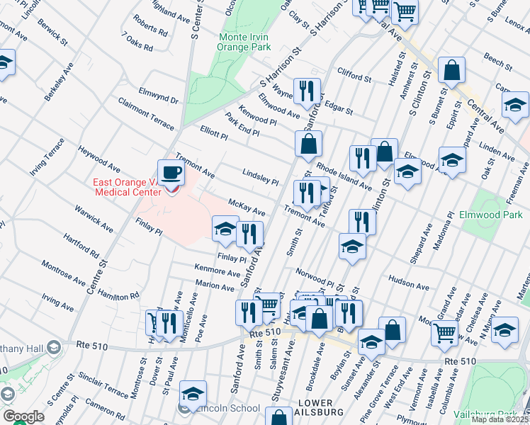 map of restaurants, bars, coffee shops, grocery stores, and more near 12 McKay Avenue in East Orange