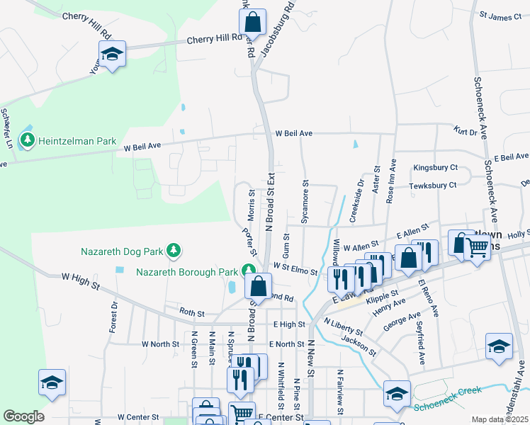 map of restaurants, bars, coffee shops, grocery stores, and more near 87 North Broad Street Extension in Nazareth