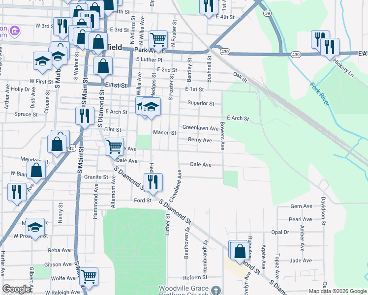 map of restaurants, bars, coffee shops, grocery stores, and more near 243 Home Avenue in Mansfield