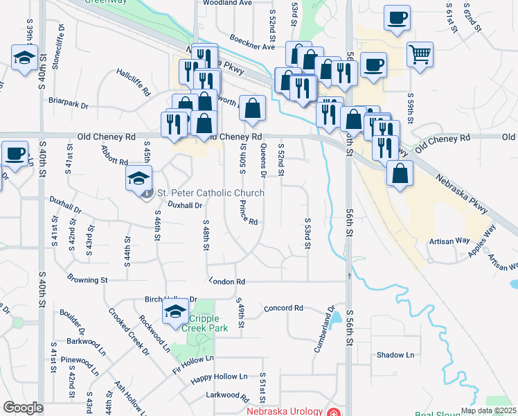 map of restaurants, bars, coffee shops, grocery stores, and more near 6010 Queens Drive in Lincoln