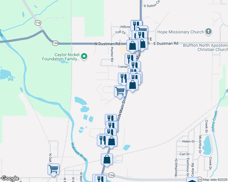 map of restaurants, bars, coffee shops, grocery stores, and more near 58 Capri Court in Bluffton