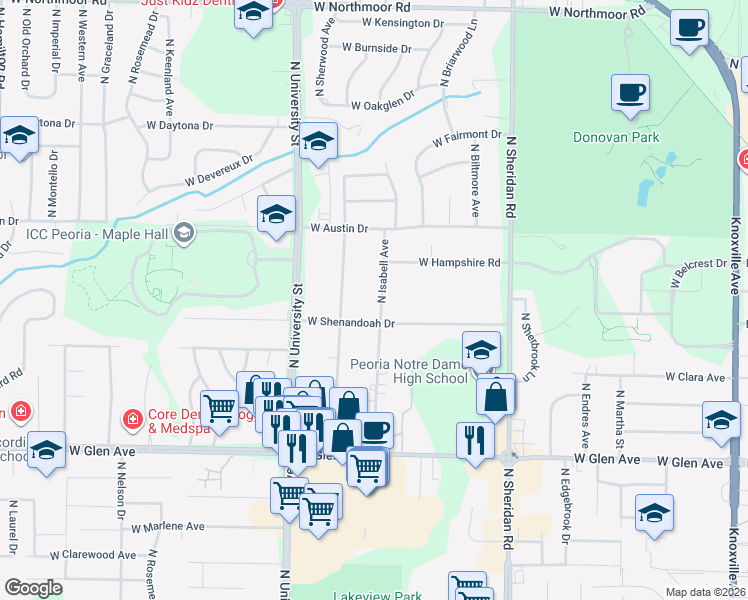 map of restaurants, bars, coffee shops, grocery stores, and more near 5315 North Isabell Avenue in Peoria