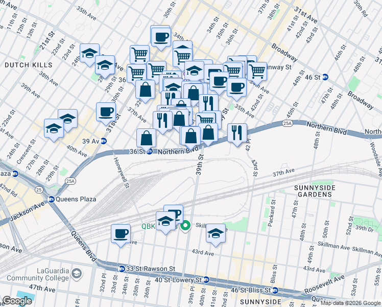 map of restaurants, bars, coffee shops, grocery stores, and more near 37-18 Northern Boulevard in Queens