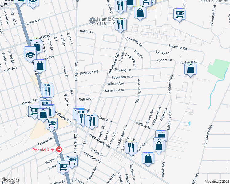 map of restaurants, bars, coffee shops, grocery stores, and more near 36 Sammis Avenue in Deer Park
