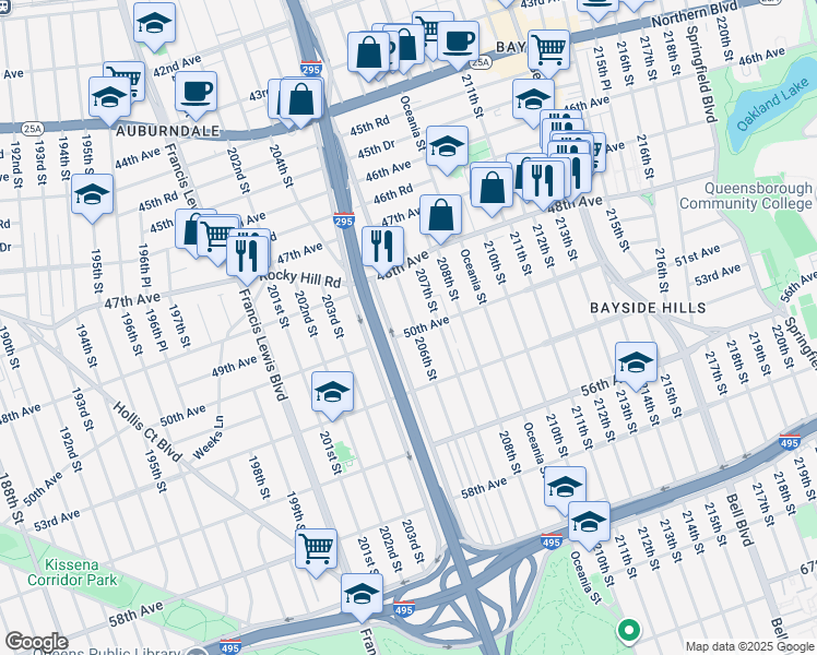 map of restaurants, bars, coffee shops, grocery stores, and more near 48-43 205th Street in Queens