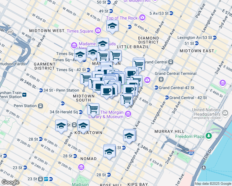 map of restaurants, bars, coffee shops, grocery stores, and more near 25 West 39th Street in New York