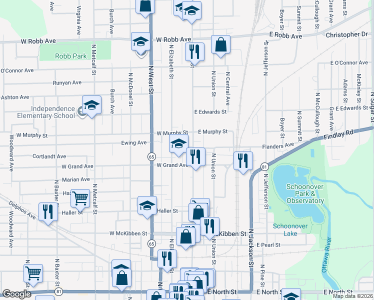 map of restaurants, bars, coffee shops, grocery stores, and more near 833 North Main Street in Lima