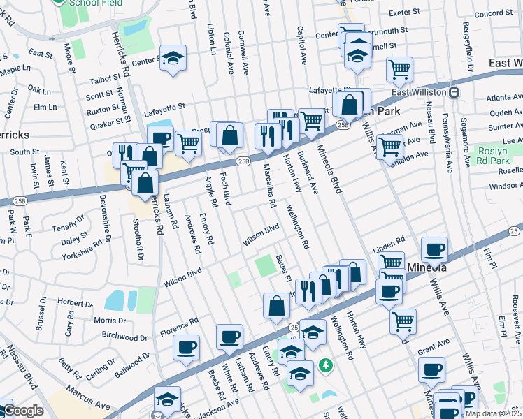 map of restaurants, bars, coffee shops, grocery stores, and more near 311 Houston Avenue in Mineola