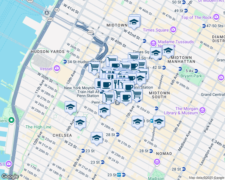 map of restaurants, bars, coffee shops, grocery stores, and more near 461 8th Avenue in New York