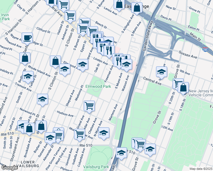 map of restaurants, bars, coffee shops, grocery stores, and more near 74 Freeman Avenue in East Orange