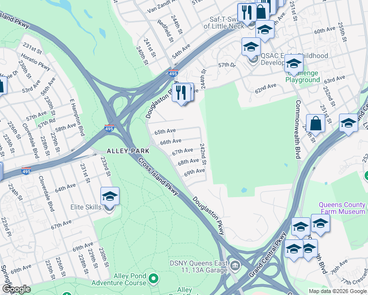 map of restaurants, bars, coffee shops, grocery stores, and more near 240-43 67th Avenue in Queens