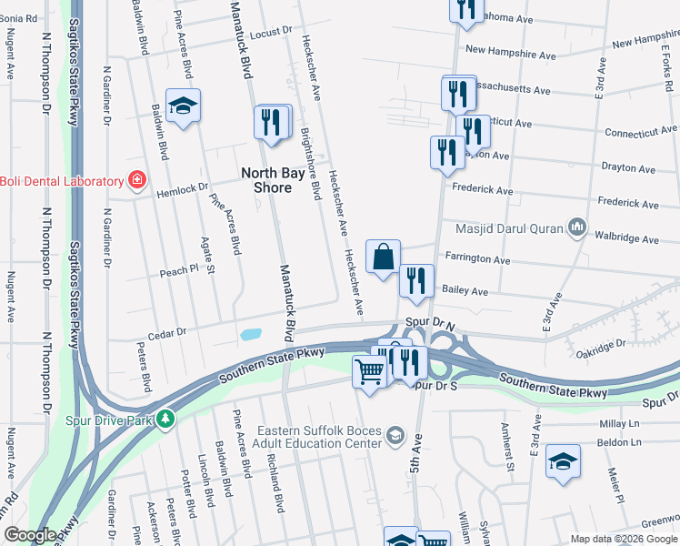 map of restaurants, bars, coffee shops, grocery stores, and more near 1489 Brightshore Boulevard in Bay Shore