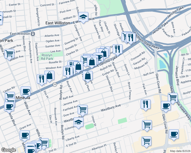 map of restaurants, bars, coffee shops, grocery stores, and more near 146 Evelyn Road in Mineola
