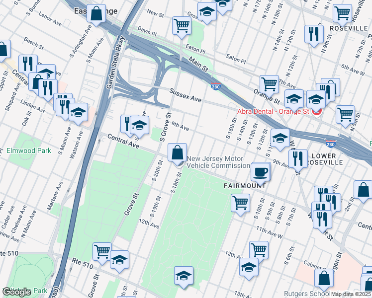map of restaurants, bars, coffee shops, grocery stores, and more near 147 Steuben Street in East Orange