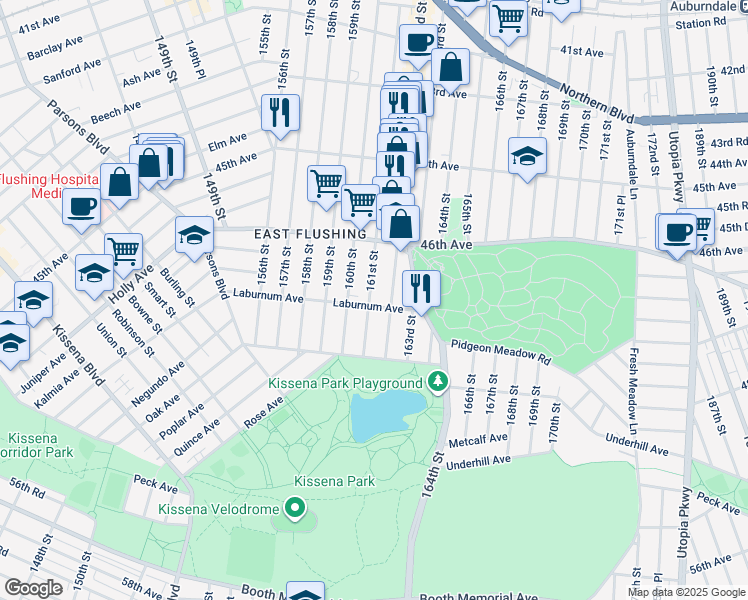 map of restaurants, bars, coffee shops, grocery stores, and more near 161-01 Laburnum Avenue in Queens