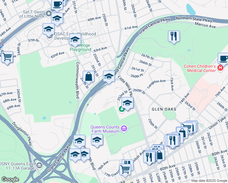 map of restaurants, bars, coffee shops, grocery stores, and more near 251-12 71st Avenue in Queens