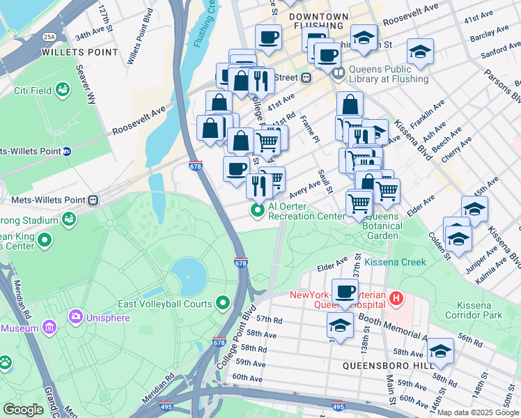 map of restaurants, bars, coffee shops, grocery stores, and more near 131-57 Fowler Avenue in Queens