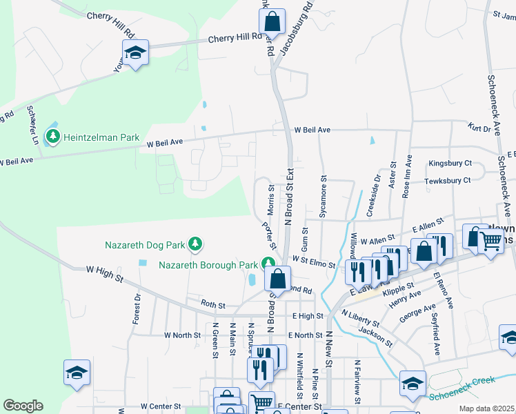 map of restaurants, bars, coffee shops, grocery stores, and more near 86 Porter Street in Nazareth