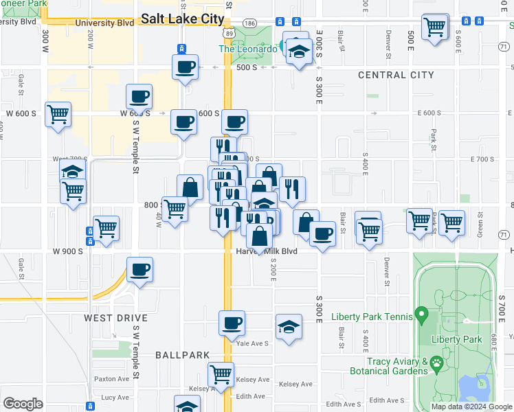 map of restaurants, bars, coffee shops, grocery stores, and more near 150 800 South in Salt Lake City
