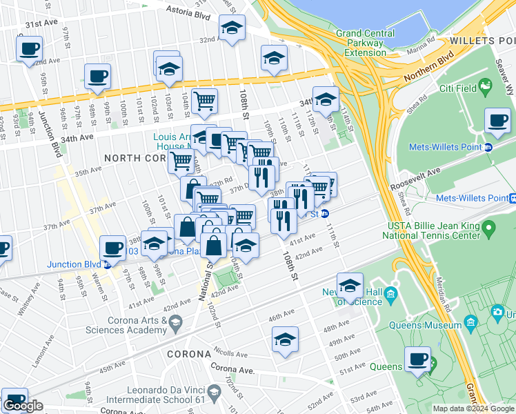 map of restaurants, bars, coffee shops, grocery stores, and more near 104-70 38th Avenue in Queens