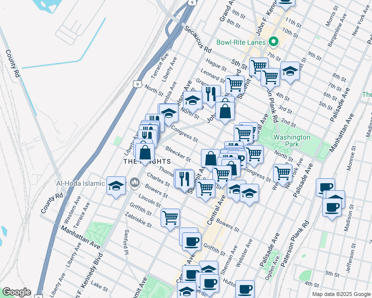 map of restaurants, bars, coffee shops, grocery stores, and more near 87 Paterson Street in Jersey City