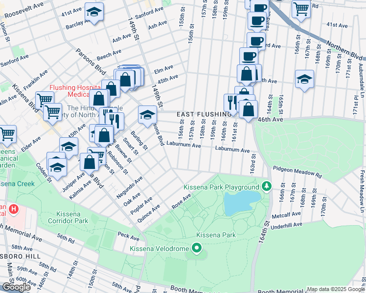 map of restaurants, bars, coffee shops, grocery stores, and more near 156-04 Laburnum Avenue in Queens