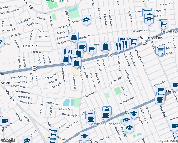 map of restaurants, bars, coffee shops, grocery stores, and more near 485 Andrews Rd in Mineola