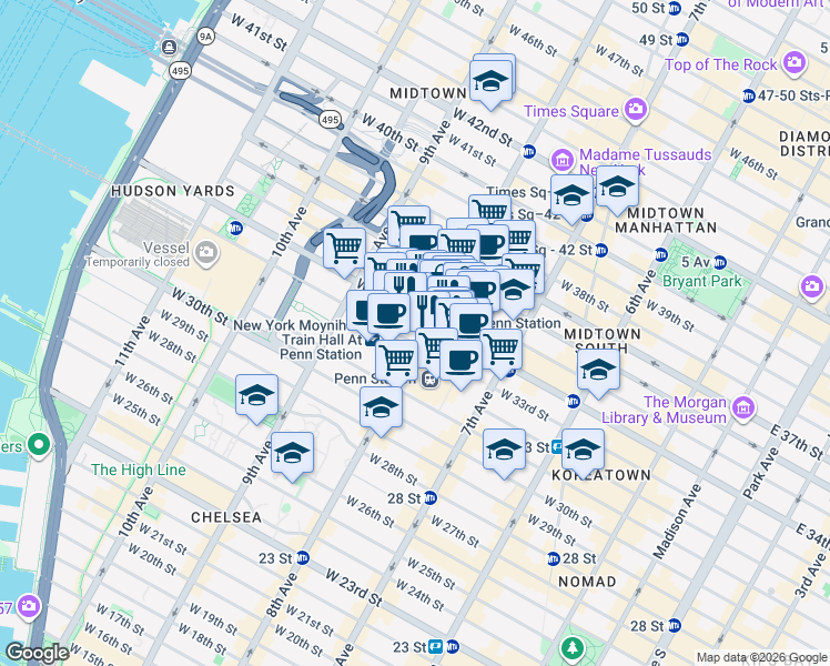map of restaurants, bars, coffee shops, grocery stores, and more near 5 Pennsylvania Plaza in New York