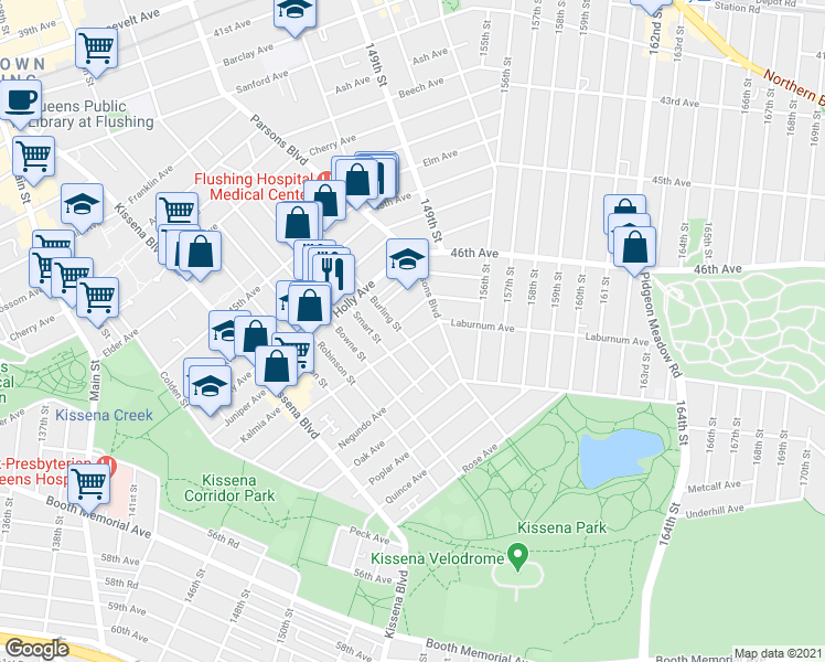 map of restaurants, bars, coffee shops, grocery stores, and more near 146-09 Laburnum Avenue in Queens