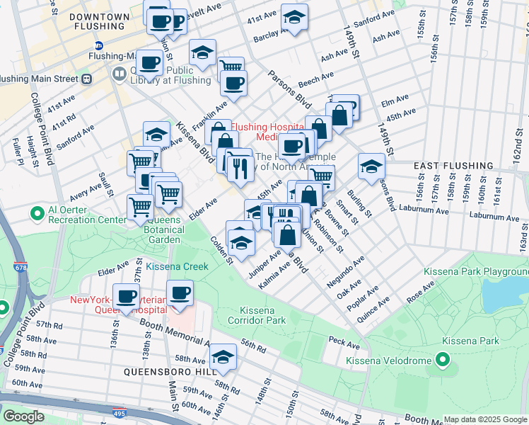 map of restaurants, bars, coffee shops, grocery stores, and more near 4525 Kissena Boulevard in Queens
