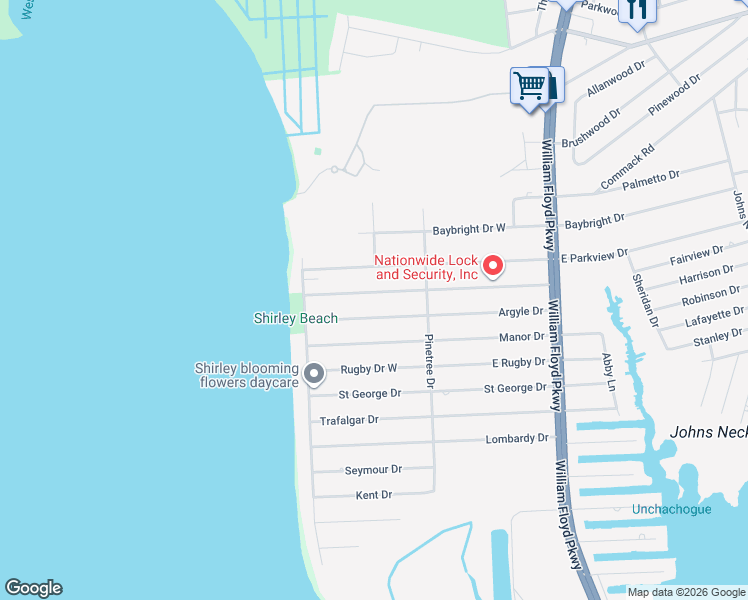 map of restaurants, bars, coffee shops, grocery stores, and more near 36 Westminster Drive in Shirley