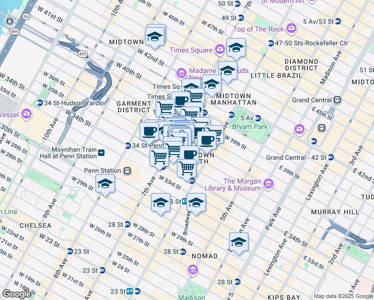 map of restaurants, bars, coffee shops, grocery stores, and more near 152 West 36th Street in New York