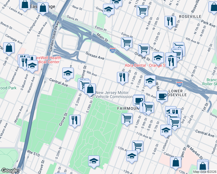map of restaurants, bars, coffee shops, grocery stores, and more near 24 South 17th Street in East Orange