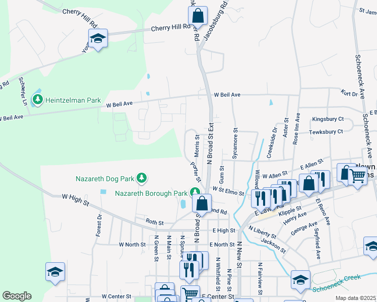 map of restaurants, bars, coffee shops, grocery stores, and more near 86 Porter Street in Nazareth