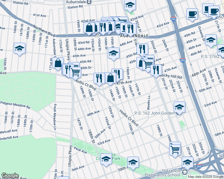 map of restaurants, bars, coffee shops, grocery stores, and more near 47-11 194th Street in Queens