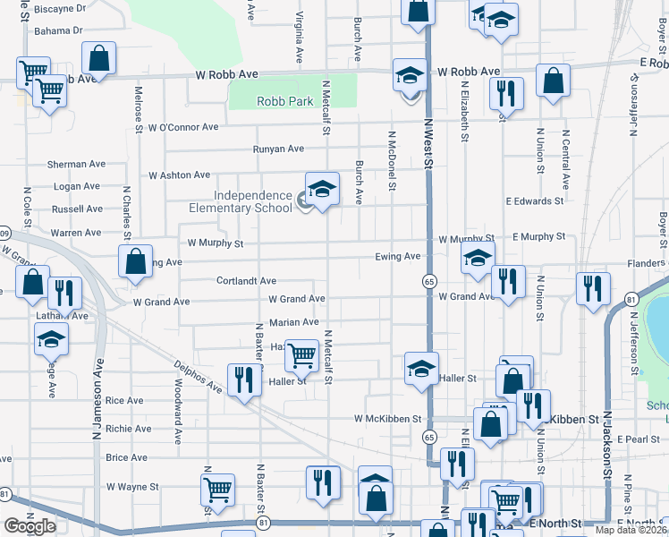 map of restaurants, bars, coffee shops, grocery stores, and more near 447 Ewing Avenue in Lima