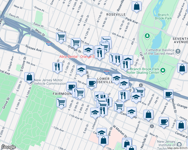 map of restaurants, bars, coffee shops, grocery stores, and more near 36 Roseville Avenue in Newark