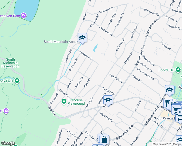 map of restaurants, bars, coffee shops, grocery stores, and more near 67 Crest Drive in South Orange